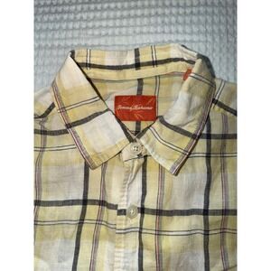 Tommy Bahama Button Down Shirt Mens Medium Yellow Plaid 100% Linen Short Sleeve
